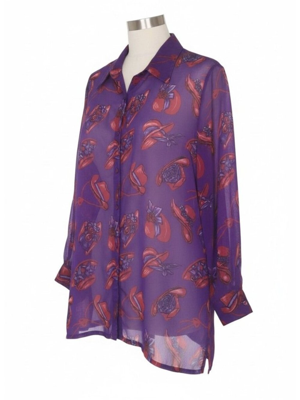 Vintage Indian Tropical Fashions Sheer Purple Button-Up Blouse Red Hat Print M